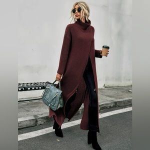 High Neck Drop Shoulder Split Hem Wrap Longline Sweater w/o belt